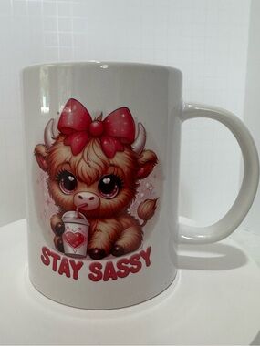 Highland Cow “Stay Sassy”Ceramic White Mug Handmade 15oz - New